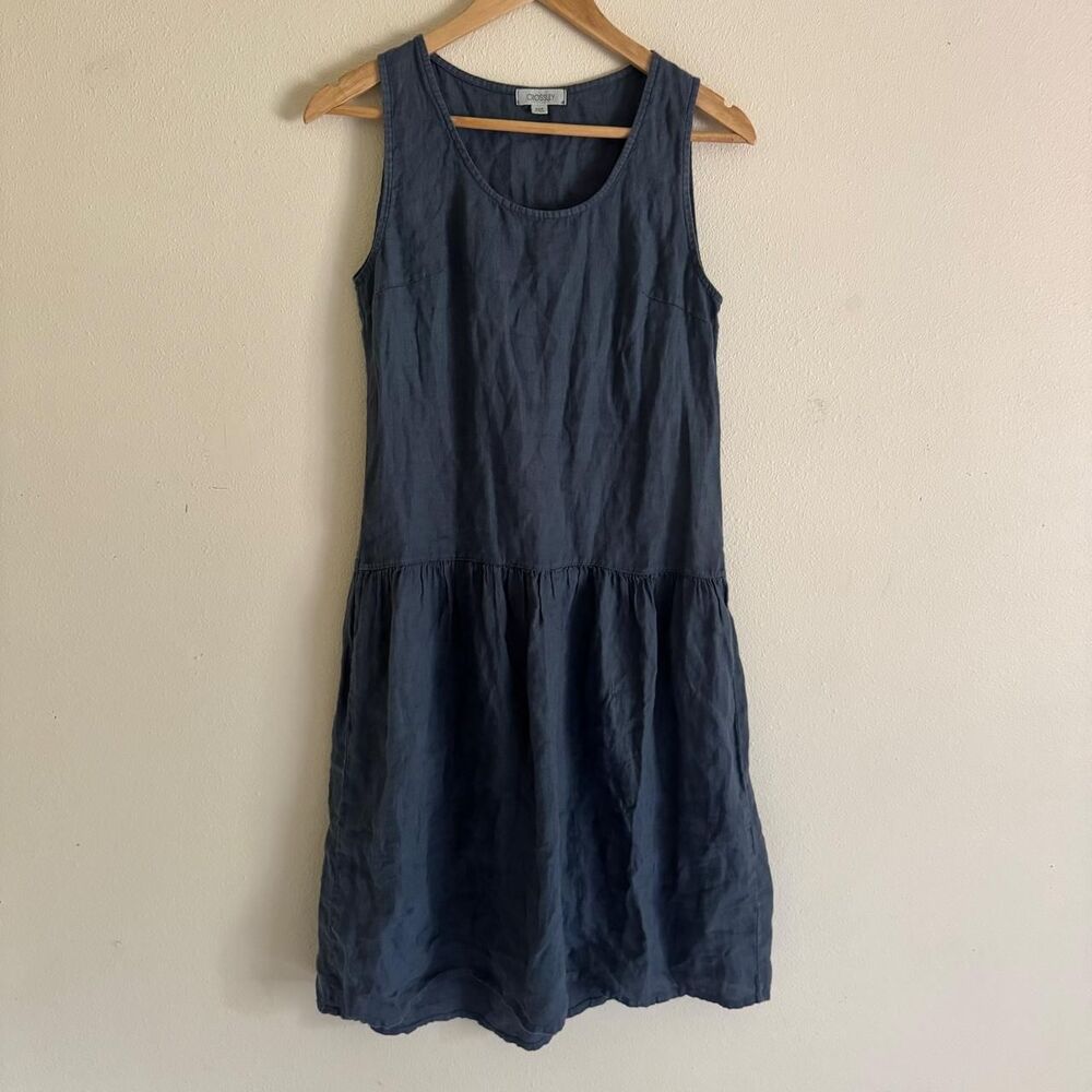 Crossley Dusty Blue Drop Waist Linen Italy Sleeveless Mini Dress Size Small